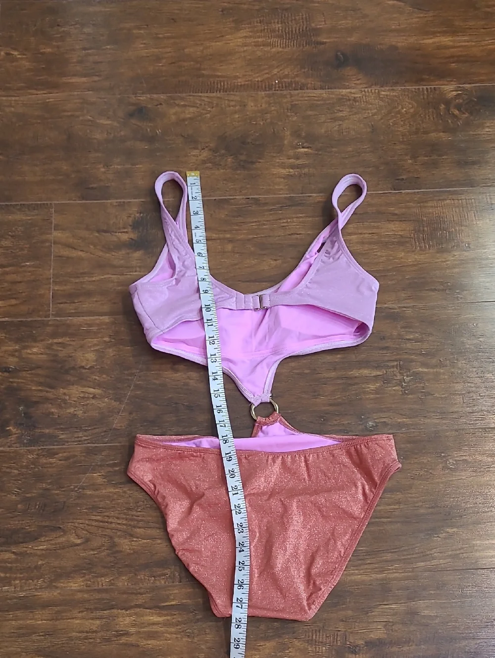 No Boundaries Pink and Rust One Piece Swim Suit w Ring Detail Size Large 11/13